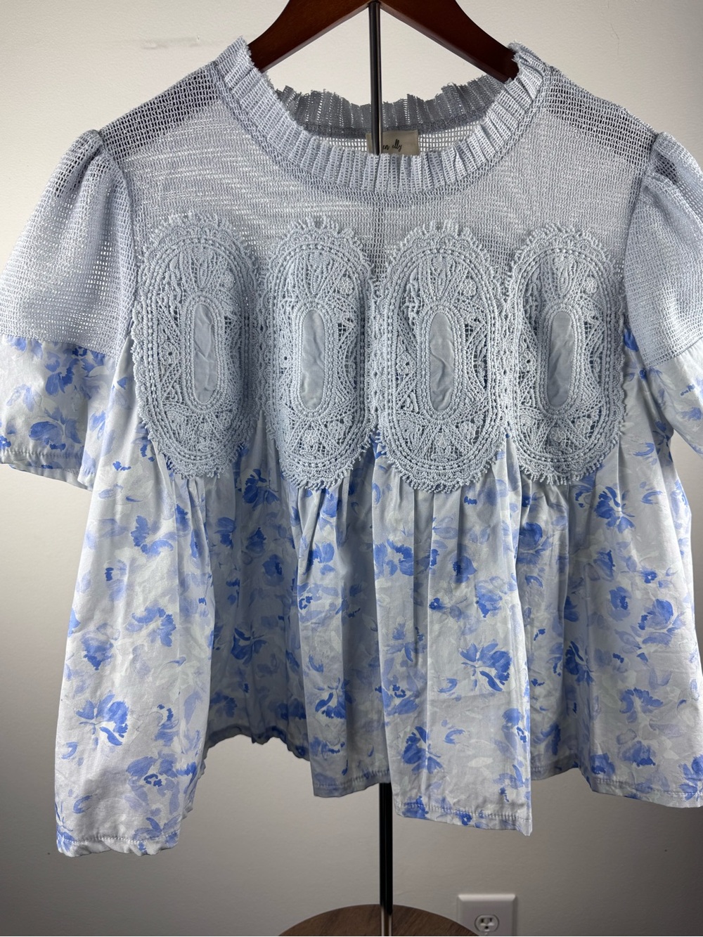 Light Blue Crochet Yoke Floral Peplum Top